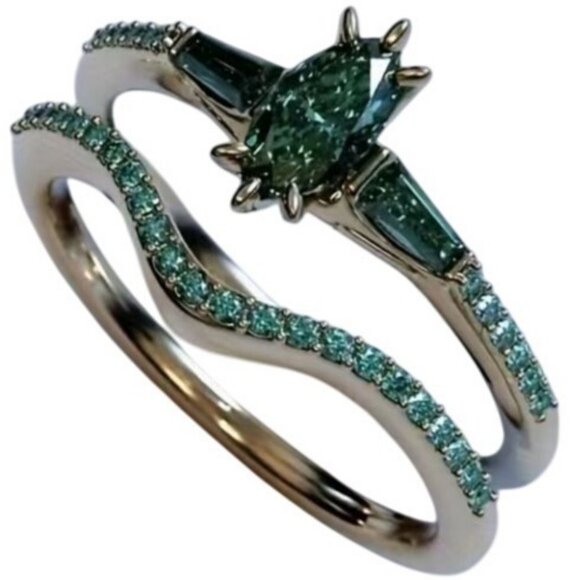 Marquise Cut Emerald Engagement Wedding Stacked Ring Set in Stainless steel - Picture 3 of 8